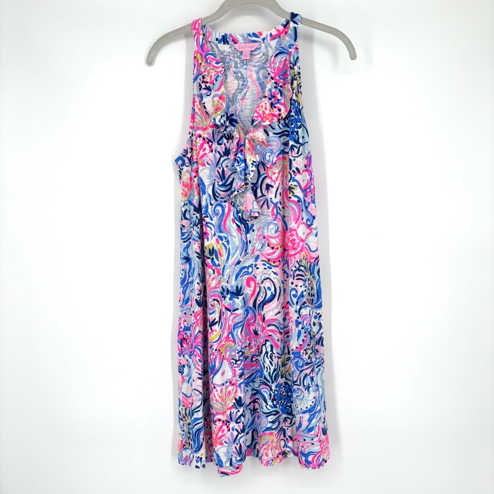 Lilly Pulitzer Shay Ruffle Dress Sz L So Sofishticated Print Pink Blue Preppy - Picture 2 of 12